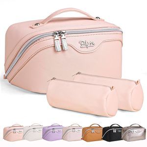 Travel Makeup Bags For Women: Vegan Leather Cosmetic Bag Set Of 3 - Large🐹